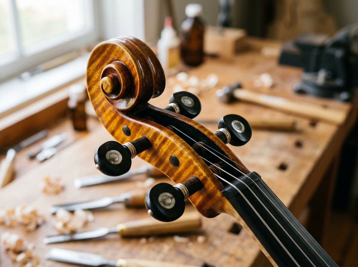 Caracol e voluta esculpida em maple com cravelhas de ébano